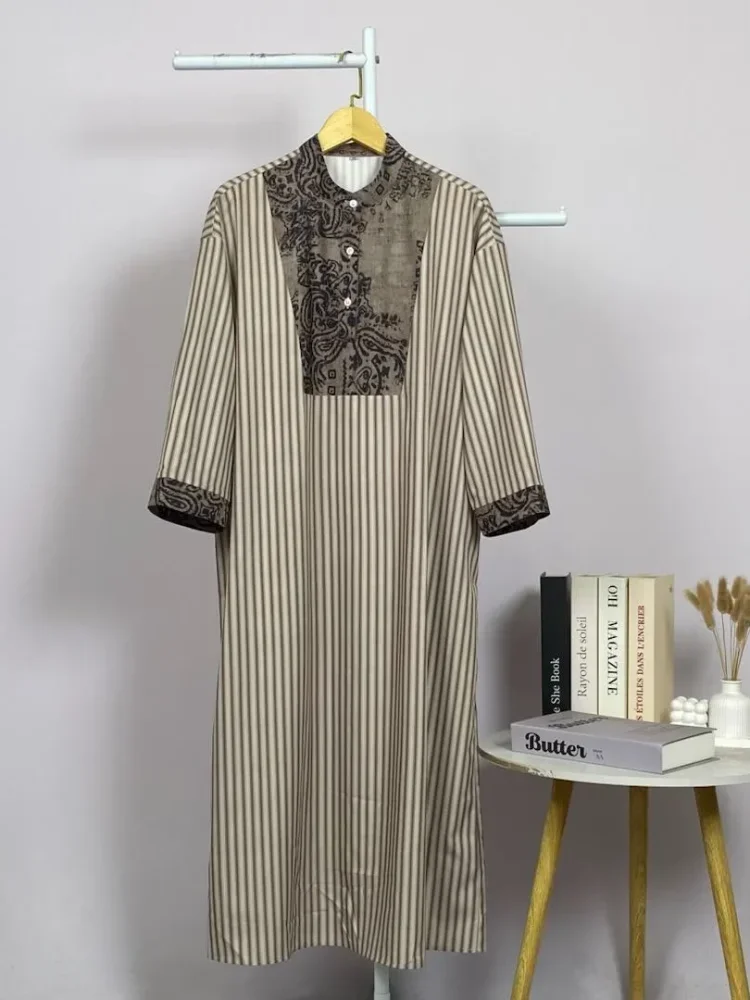 ASAYA Gamis wanita elegan motif garis kotak biru abu modern kekinian