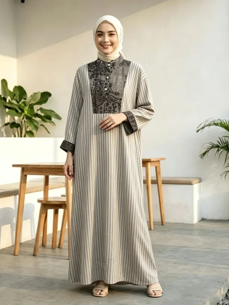 ASAYA Gamis wanita elegan motif garis kotak biru abu modern kekinian