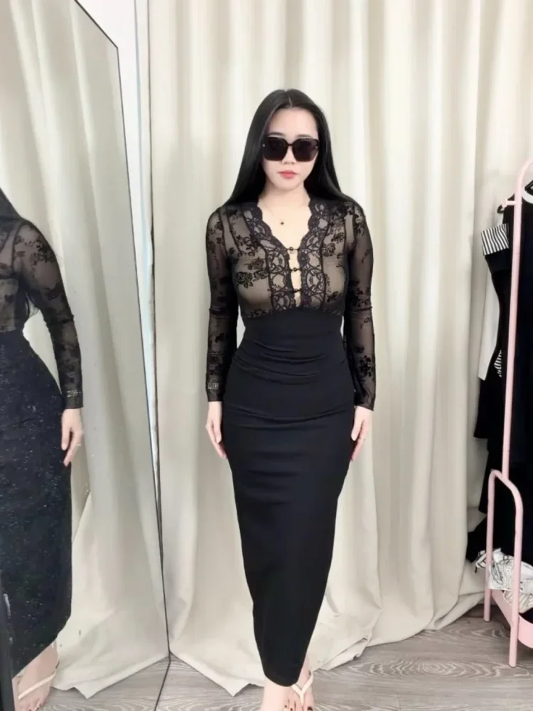 [DISKON KILAT]FADFAD Gaun maxi lengan panjang dengan kerah v neck model fitted