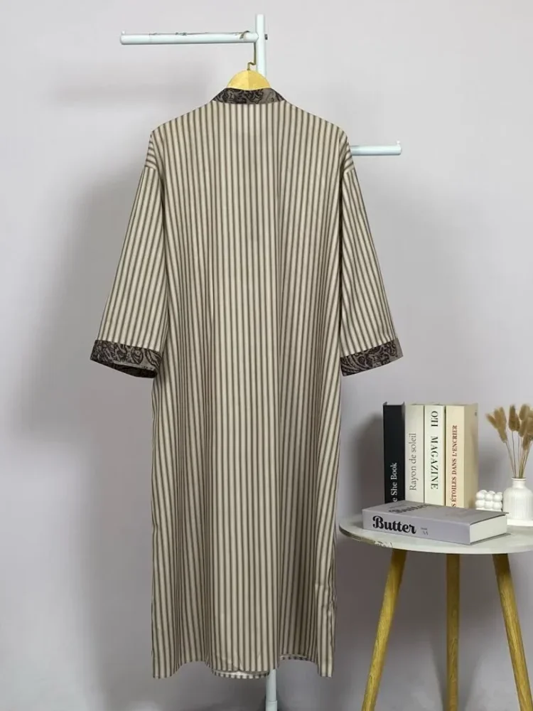 ASAYA Gamis wanita elegan motif garis kotak biru abu modern kekinian