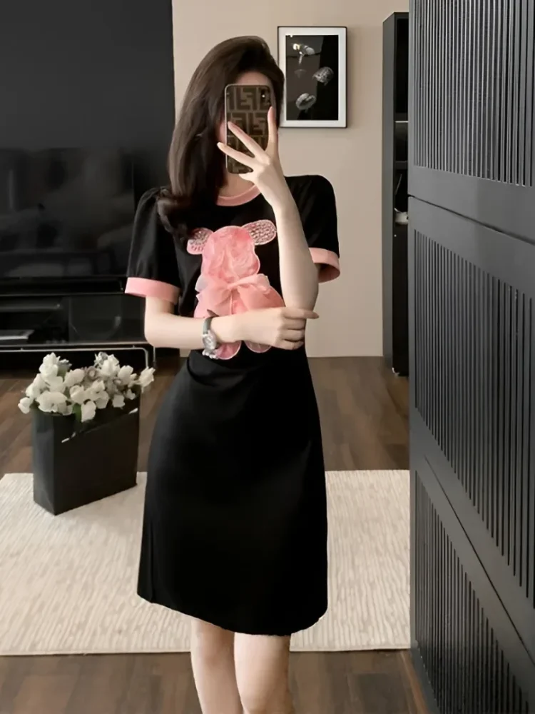 FADFAD Gaun lengan pendek dengan aksen boneka lucu gaya elegan baru untuk wanita
