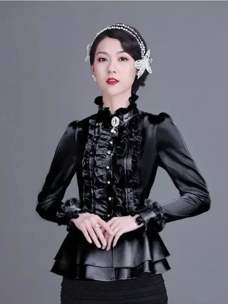 FADFAD Atasan wanita kemeja lengan panjang model klasik kerah tinggi elegant