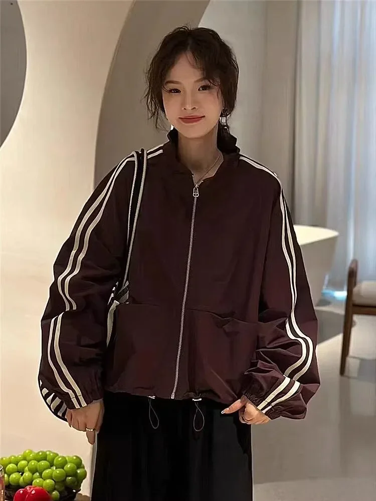 CHICMORE Jaket modis lengan panjang warna kontras gaya retro untuk wanita