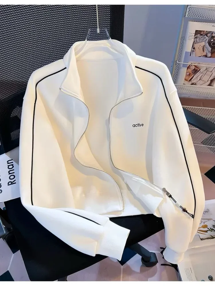 CHICMORE Jaket pakaian wanita dengan zipper dan jerah berdiri lengan panjang gaya korea kekinian