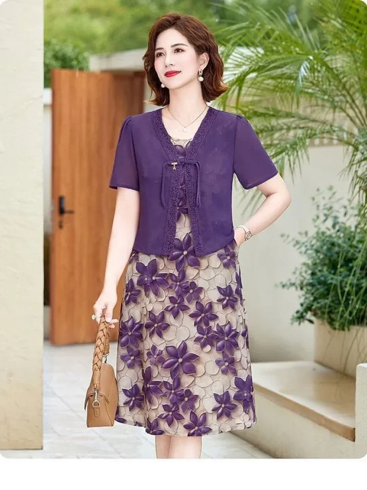 FADFAD Gaun pakaian wanita warna kontras motif cetak gaya retro
