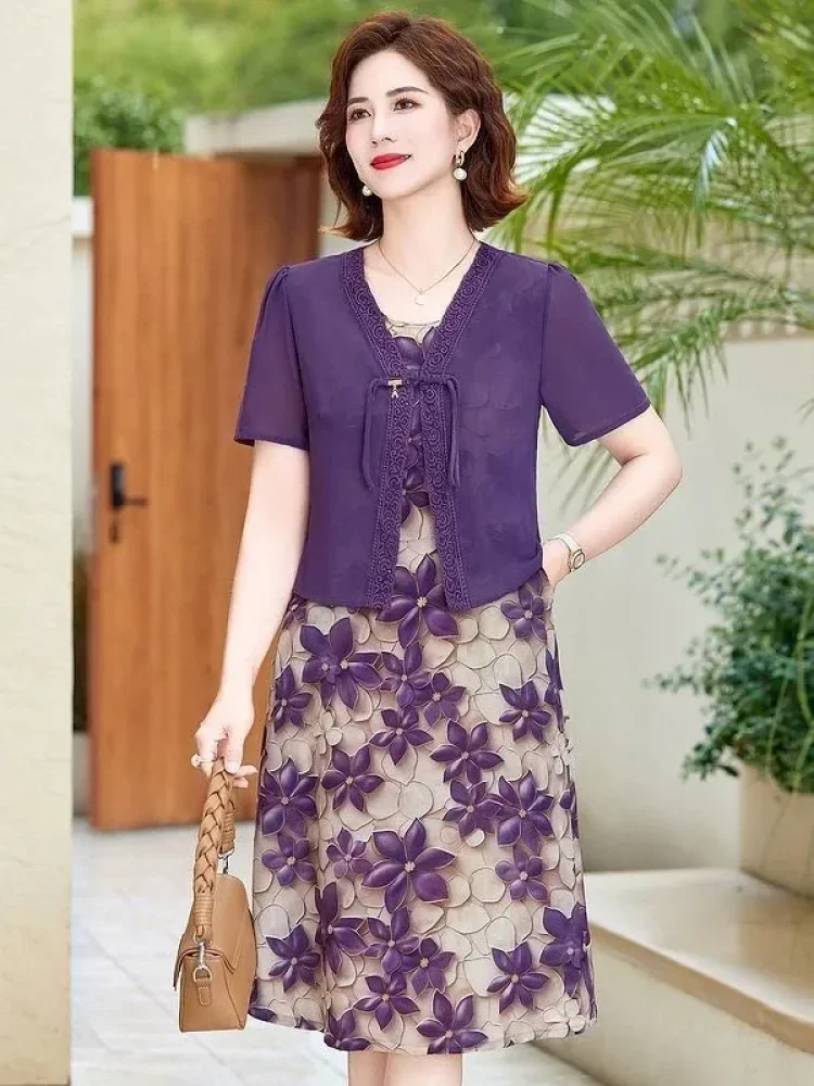 FADFAD Gaun pakaian wanita warna kontras motif cetak gaya retro