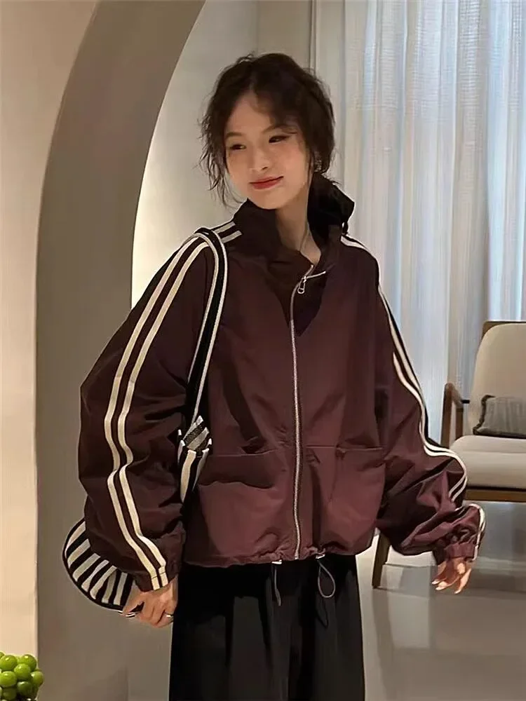 CHICMORE Jaket modis lengan panjang warna kontras gaya retro untuk wanita