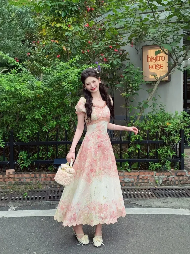FADFAD Gaun midi untuk wanita square neck bergaya french style