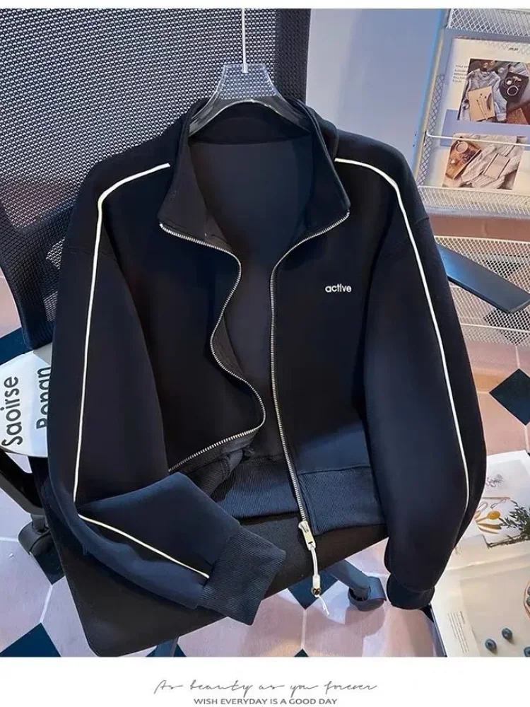 CHICMORE Jaket pakaian wanita dengan zipper dan jerah berdiri lengan panjang gaya korea kekinian