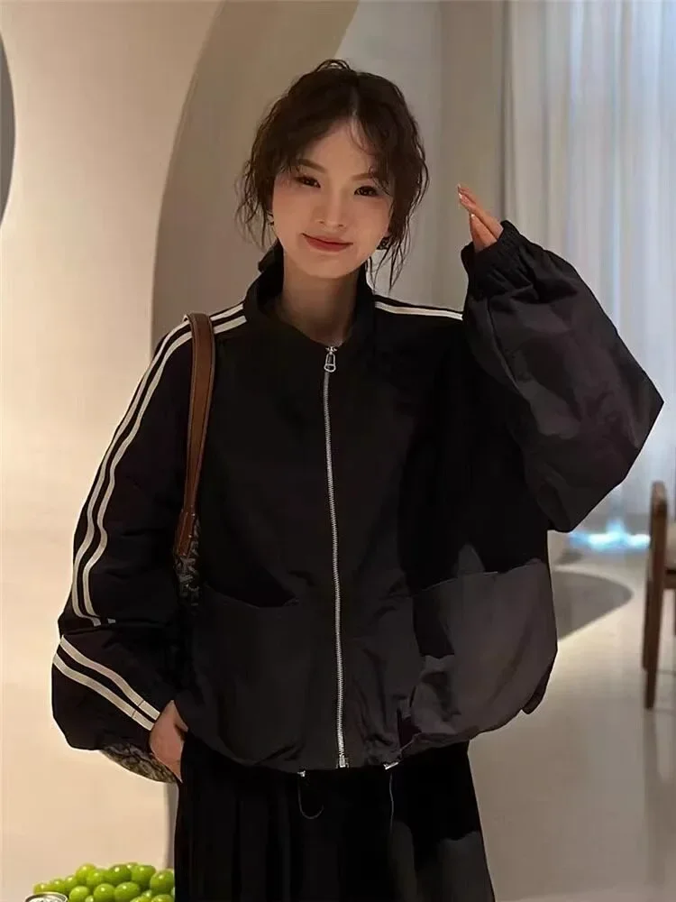 CHICMORE Jaket modis lengan panjang warna kontras gaya retro untuk wanita
