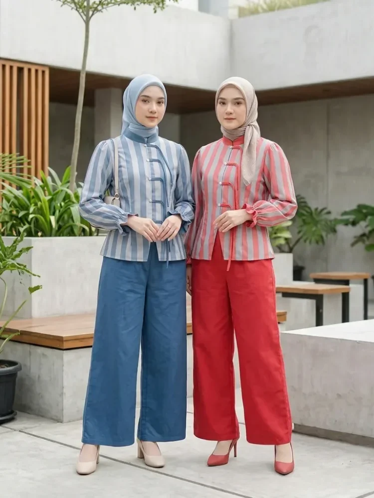 [READY STOCK]ASAYA Setelan wanita motif garis biru, lengan lonceng, resleting tangan, gaya sederhana, dipadukan dengan celana panjang polos