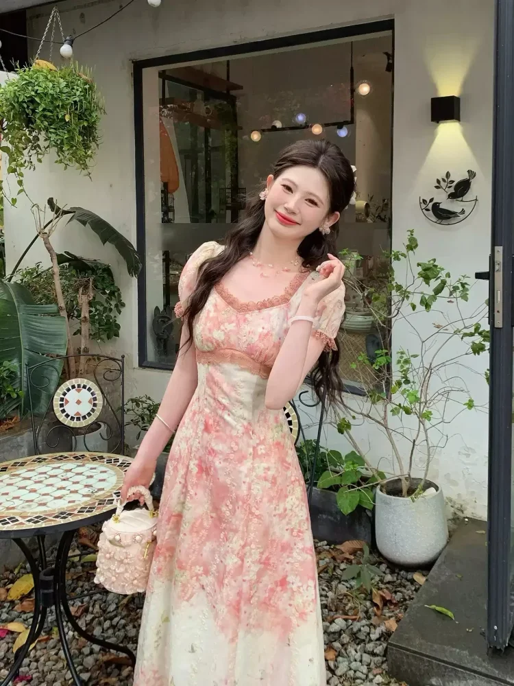 FADFAD Gaun midi untuk wanita square neck bergaya french style