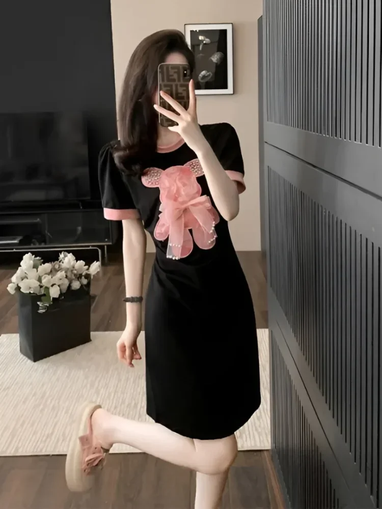FADFAD Gaun lengan pendek dengan aksen boneka lucu gaya elegan baru untuk wanita