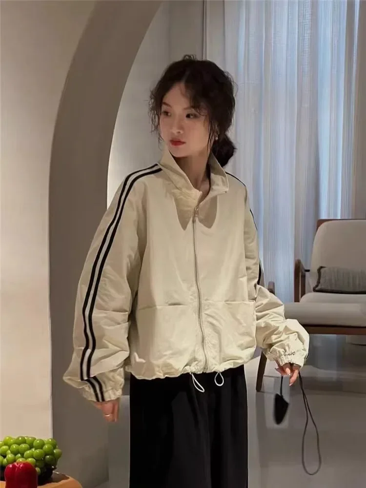 CHICMORE Jaket modis lengan panjang warna kontras gaya retro untuk wanita