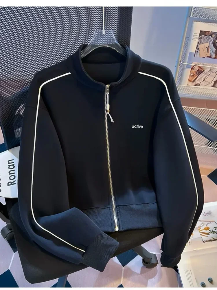 CHICMORE Jaket pakaian wanita dengan zipper dan jerah berdiri lengan panjang gaya korea kekinian
