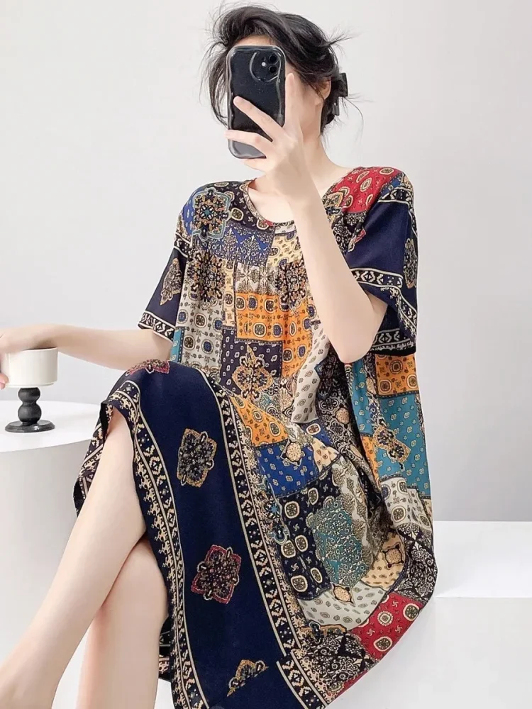 ASAYA Gaun midi daster lengan pendek dengan kerah bulat motif cetak retro