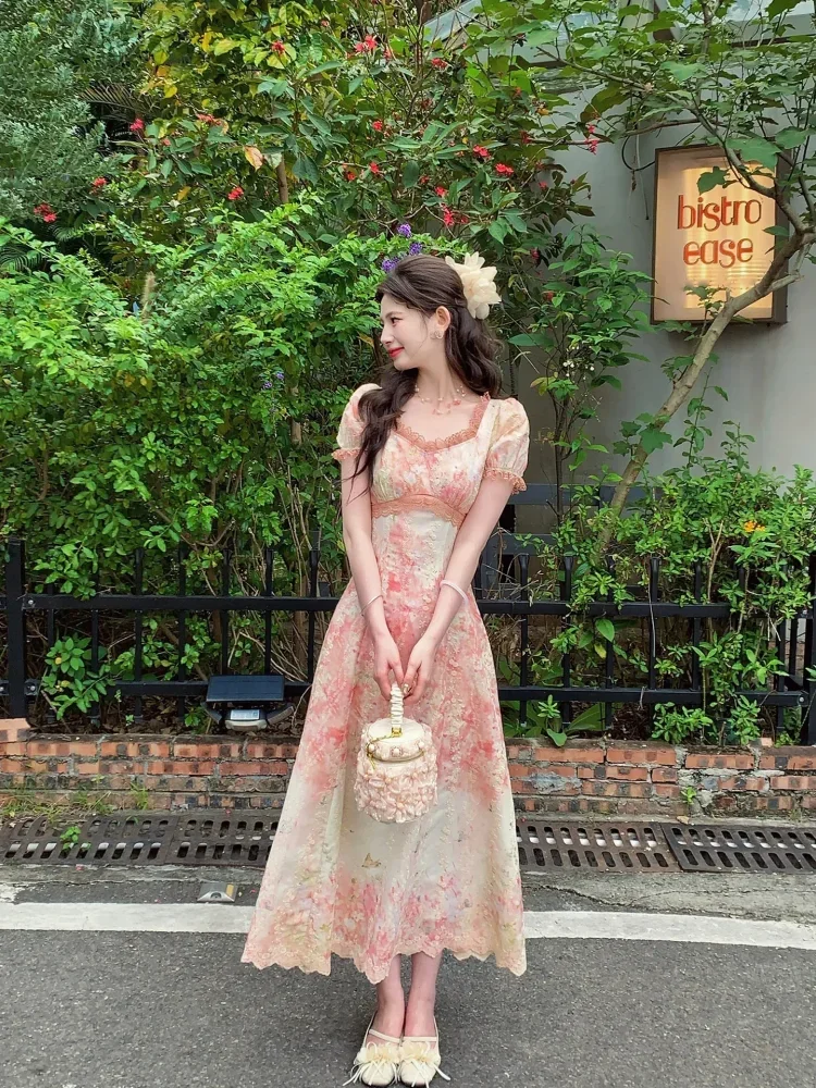 FADFAD Gaun midi untuk wanita square neck bergaya french style