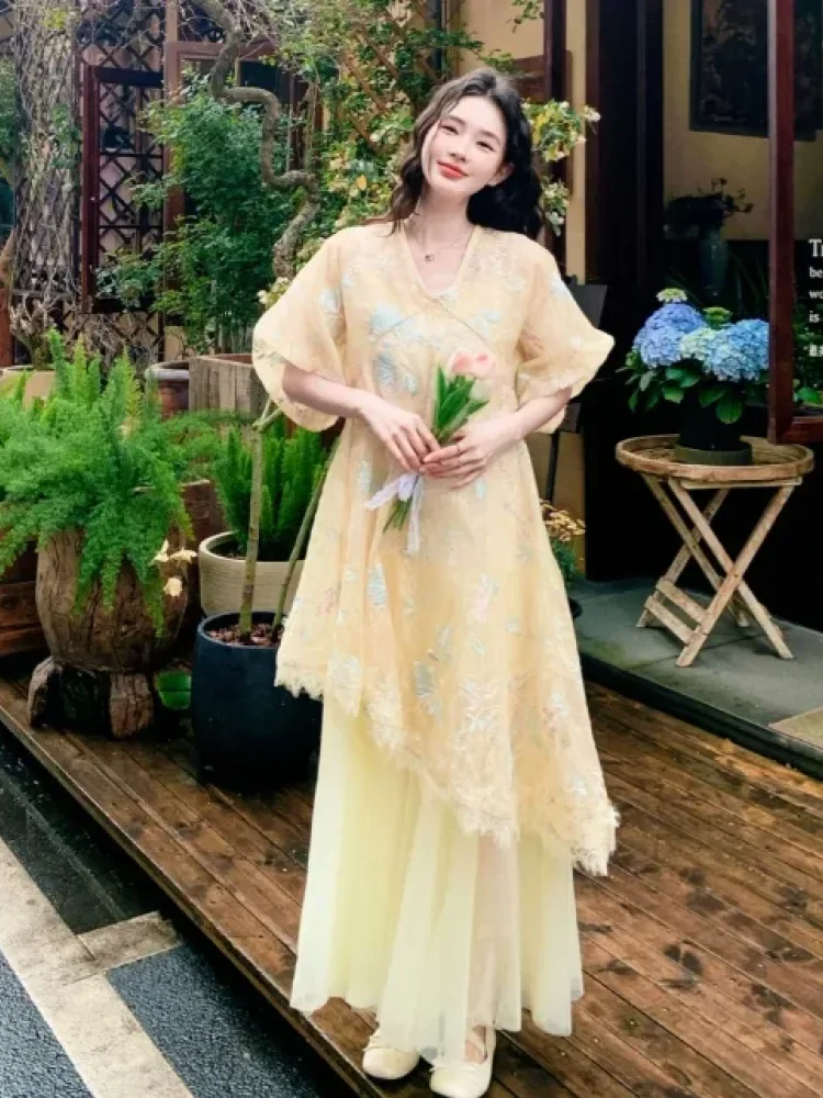 CHICMORE Dress wanita kerah v neck lengan 3/4 dengan motif bunga bunga lucu manis