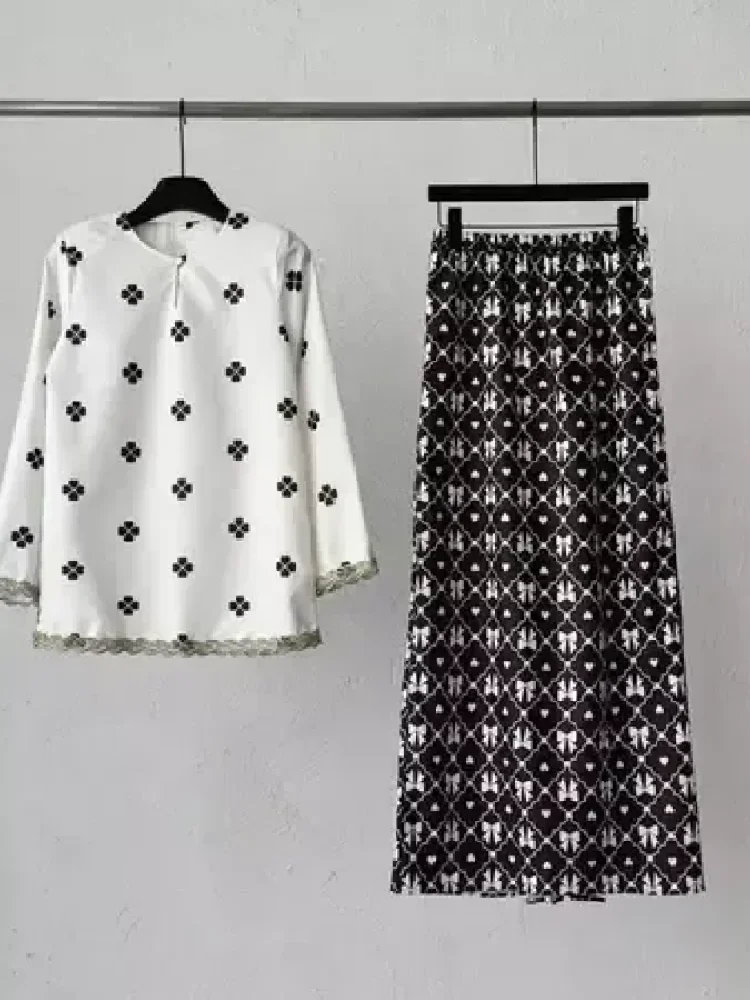 ASAYA Setelan wanita 2in1 blouse lengan panjang motif print kombinasi bunga + rok panjang highwaist elegan model kekinian