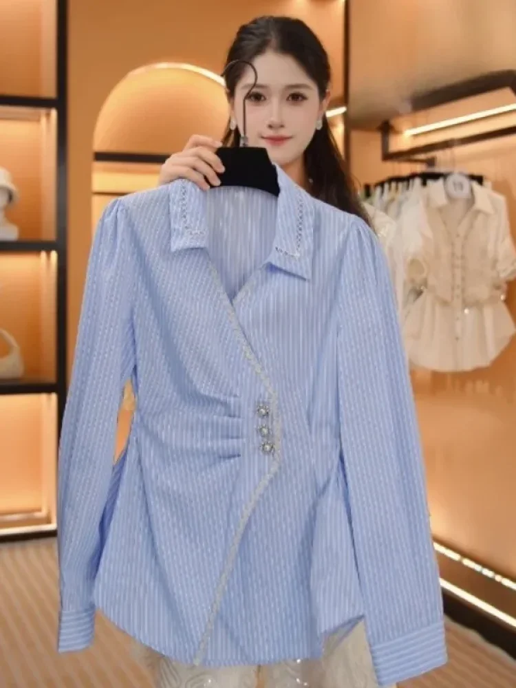 FADFAD Kemeja motif garis garis dengan kerah polo dan lengan panjang gaya trendi