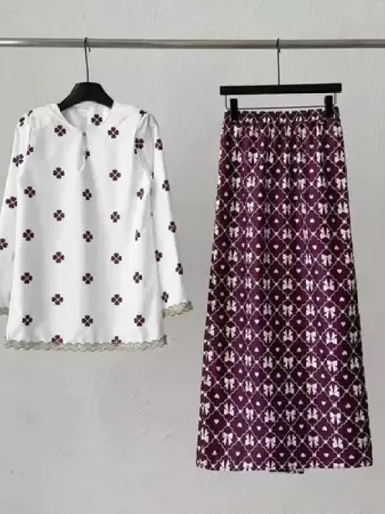 ASAYA Setelan wanita 2in1 blouse lengan panjang motif print kombinasi bunga + rok panjang highwaist elegan model kekinian
