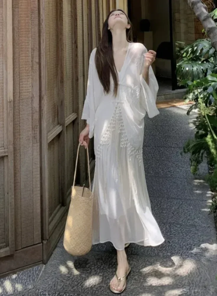 CHICMORE Gaun maxi lengan panjang model terbaru warna solid elegant