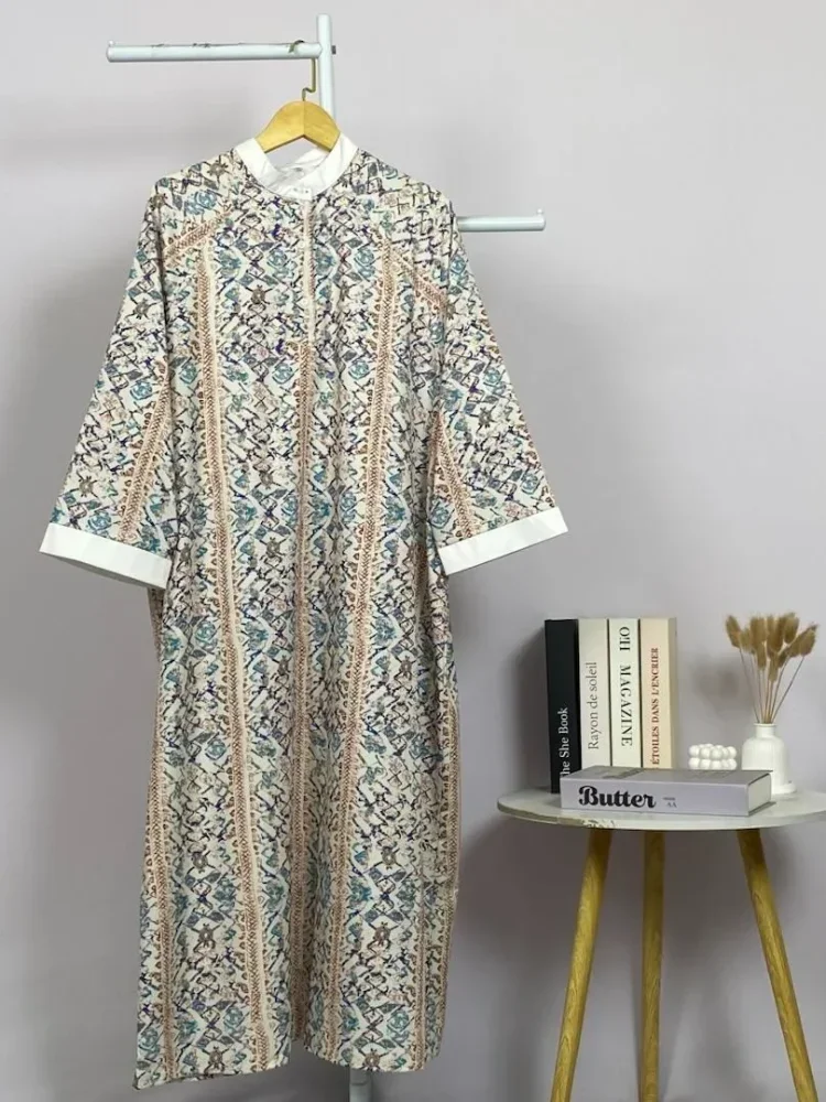 ASAYA Gamis wanita elegan motif garis kotak biru abu modern kekinian