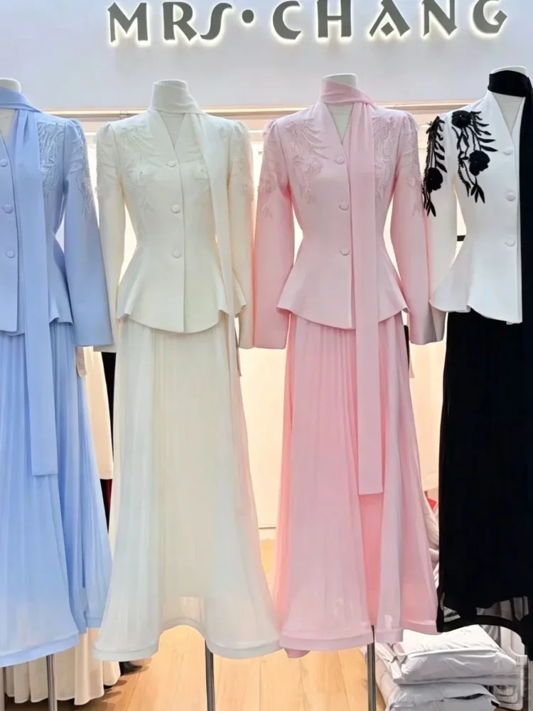 FADFAD Setelan dua potong pakaian wanita ekrah v neck warna solid tampilan anggun bergaya istana