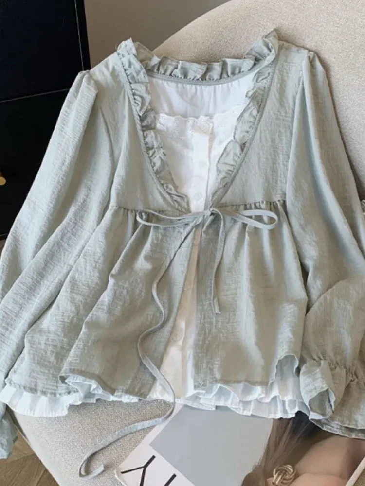 CHICMORE Atasan pakaian wanita lengan panjang kerah v neck warna solid gaya minimalis