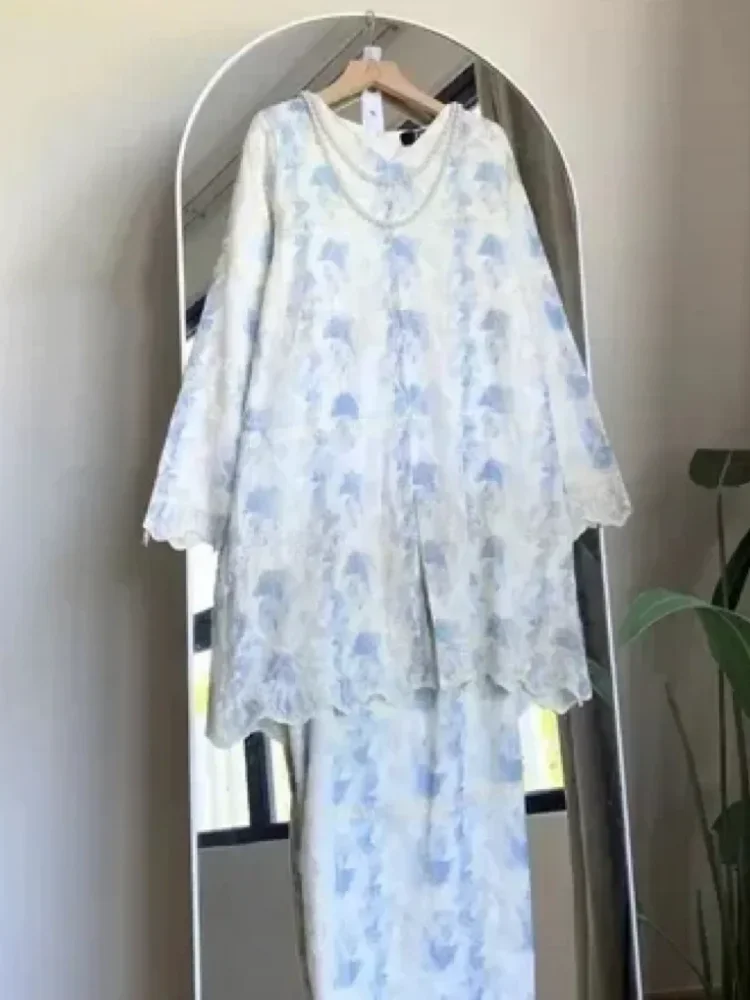 ASAYA Setelan wanita 2in1 blouse lengan panjang motif print kombinasi bunga + rok panjang highwaist elegan model kekinian