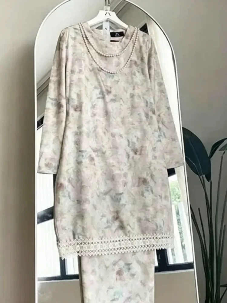ASAYA Setelan wanita 2in1 blouse lengan panjang motif print kombinasi bunga + rok panjang highwaist elegan model kekinian