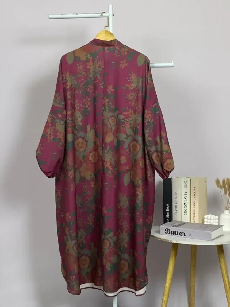 ASAYA Gaun panjang longgar kasual tipis bermotif dengan desain mode elegan