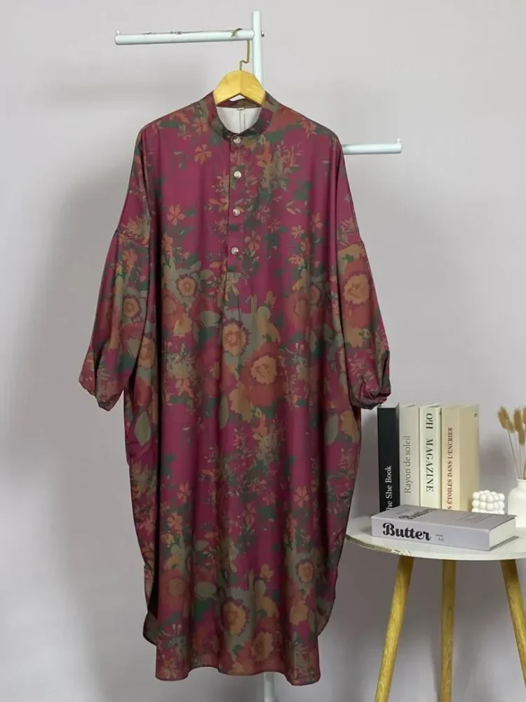 ASAYA Gaun panjang longgar kasual tipis bermotif dengan desain mode elegan