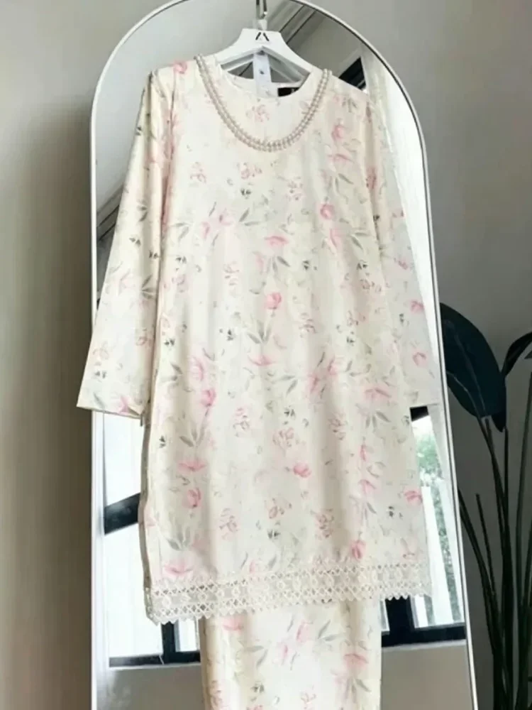 ASAYA Setelan wanita 2in1 blouse lengan panjang motif print kombinasi bunga + rok panjang highwaist elegan model kekinian