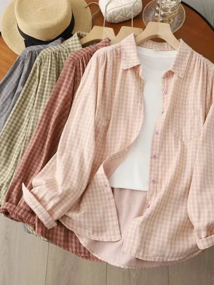 FADFAD Atasan kemeja wanita dengan motif kotak-kotak gaya kasual