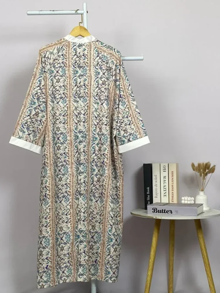 ASAYA Gamis wanita elegan motif garis kotak biru abu modern kekinian