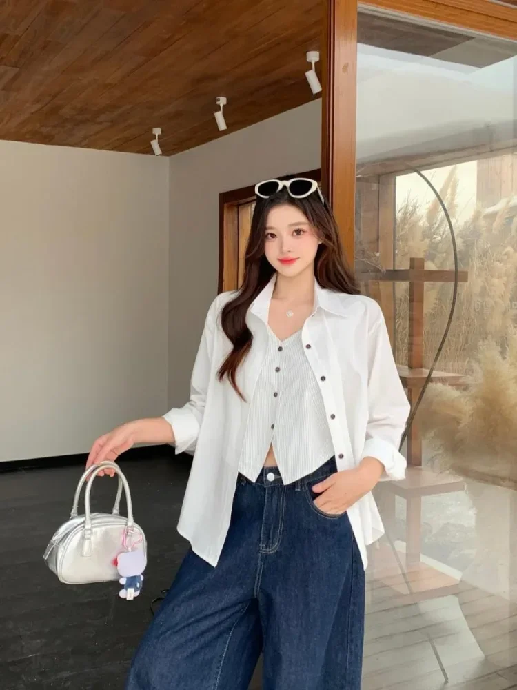 CHICMORE Atasan wanita kemeja lengan panjang model longgar terbaru warna solid