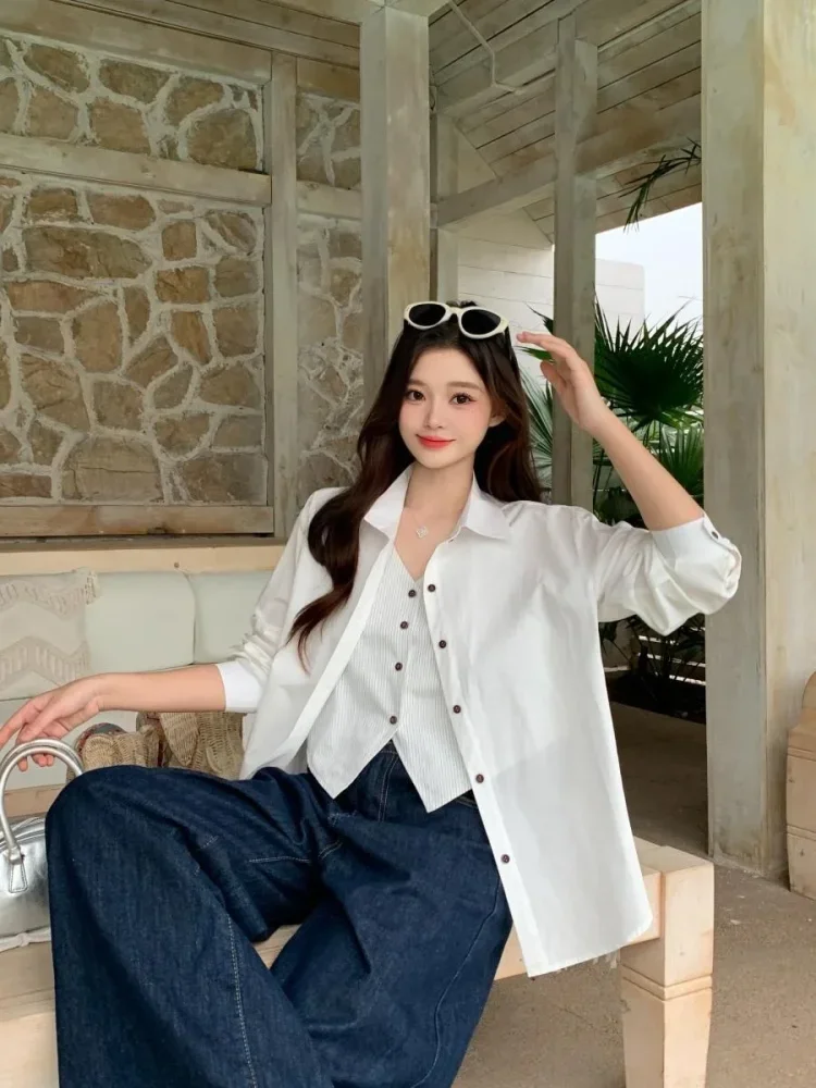CHICMORE Atasan wanita kemeja lengan panjang model longgar terbaru warna solid