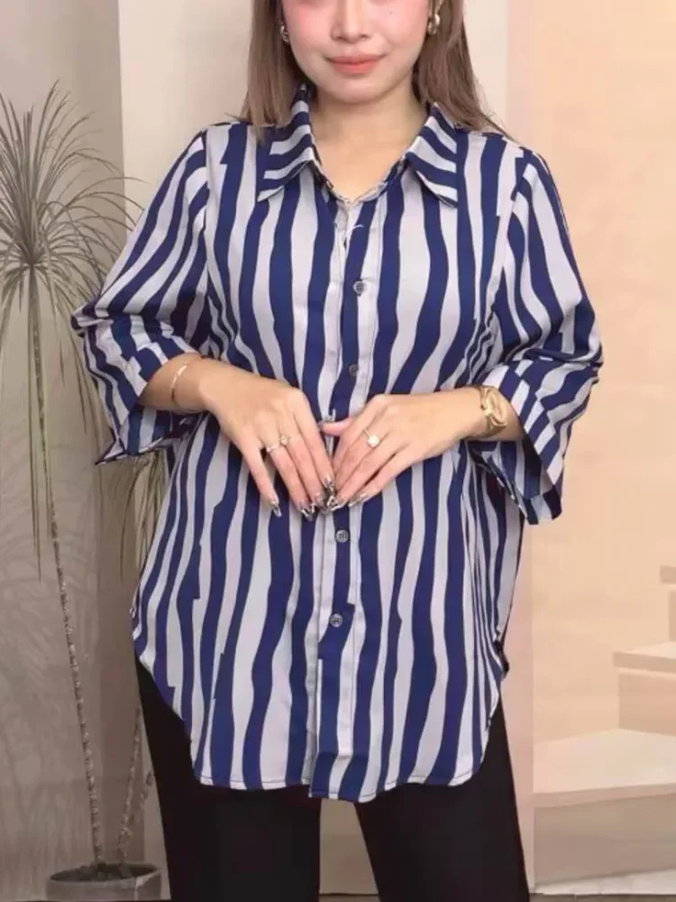 ASAYA Kemeja motif garis garis dengan lengan tiga perempat wanita tempramen