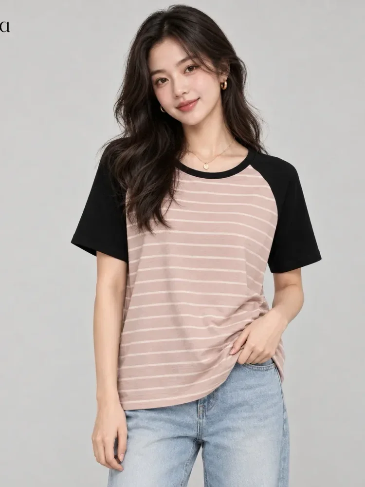 ASAYA Atasan model lengan pendek untuk wanita motif garis garis