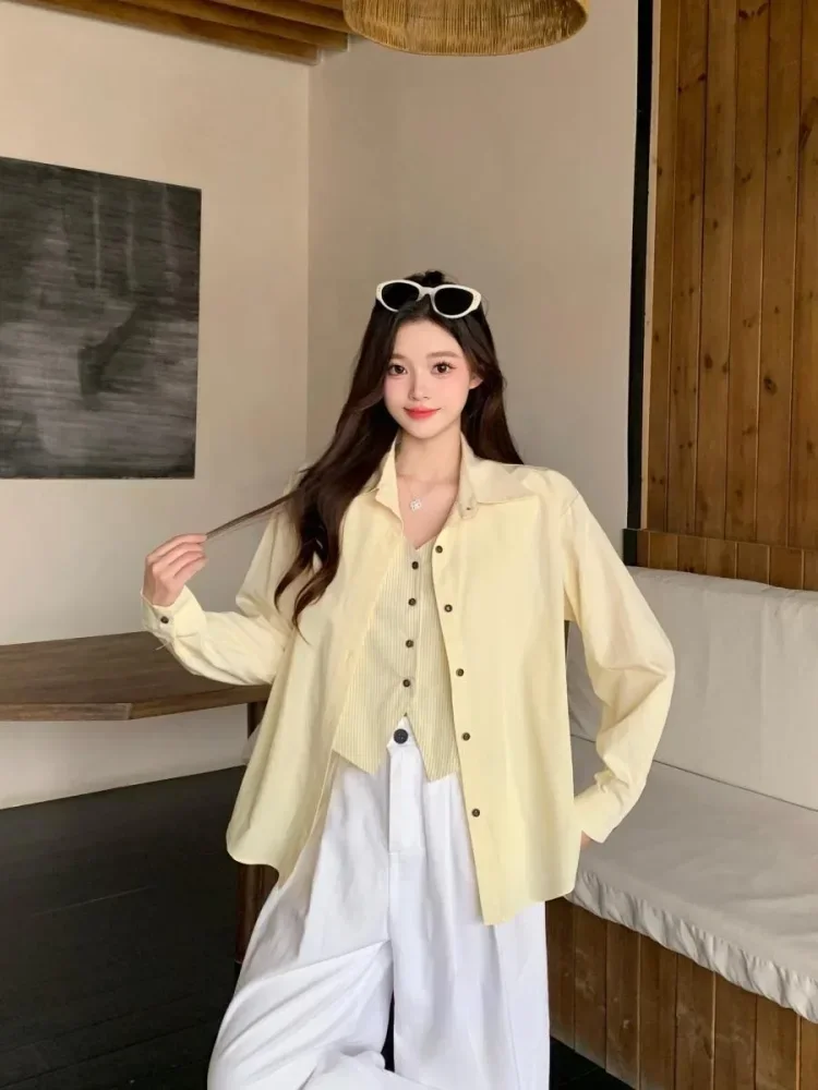 CHICMORE Atasan wanita kemeja lengan panjang model longgar terbaru warna solid