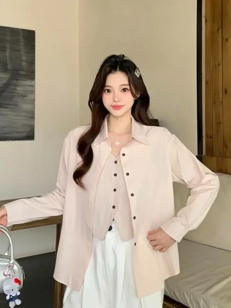 CHICMORE Atasan wanita kemeja lengan panjang model longgar terbaru warna solid