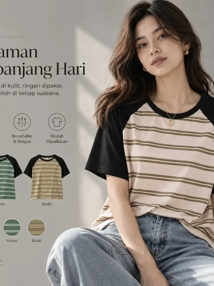 ASAYA Atasan model lengan pendek untuk wanita motif garis garis
