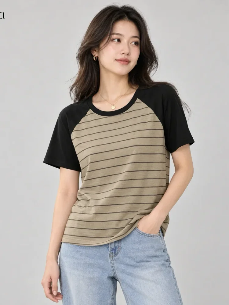ASAYA Atasan model lengan pendek untuk wanita motif garis garis