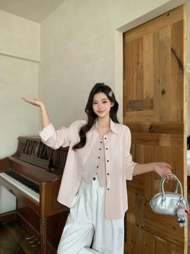 CHICMORE Atasan wanita kemeja lengan panjang model longgar terbaru warna solid