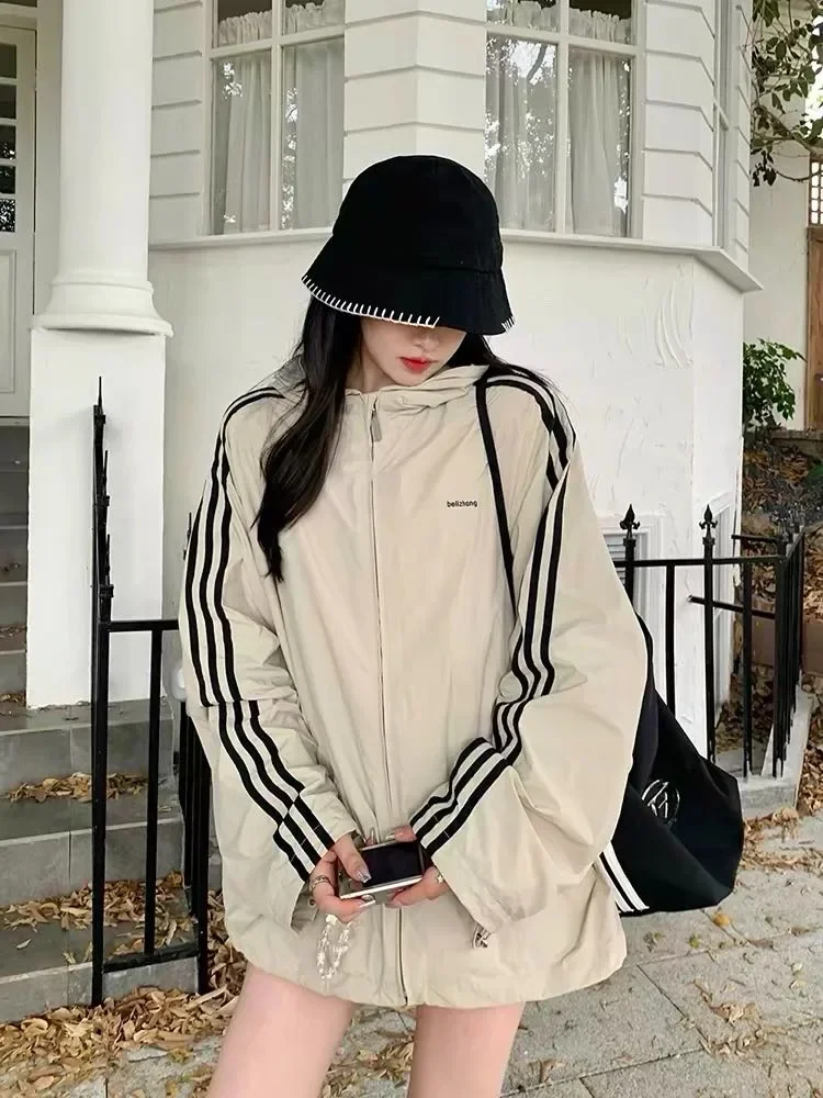 CHICMORE Jaket gaya longgar untuk wanita muda warna solid dengan kerah hooded