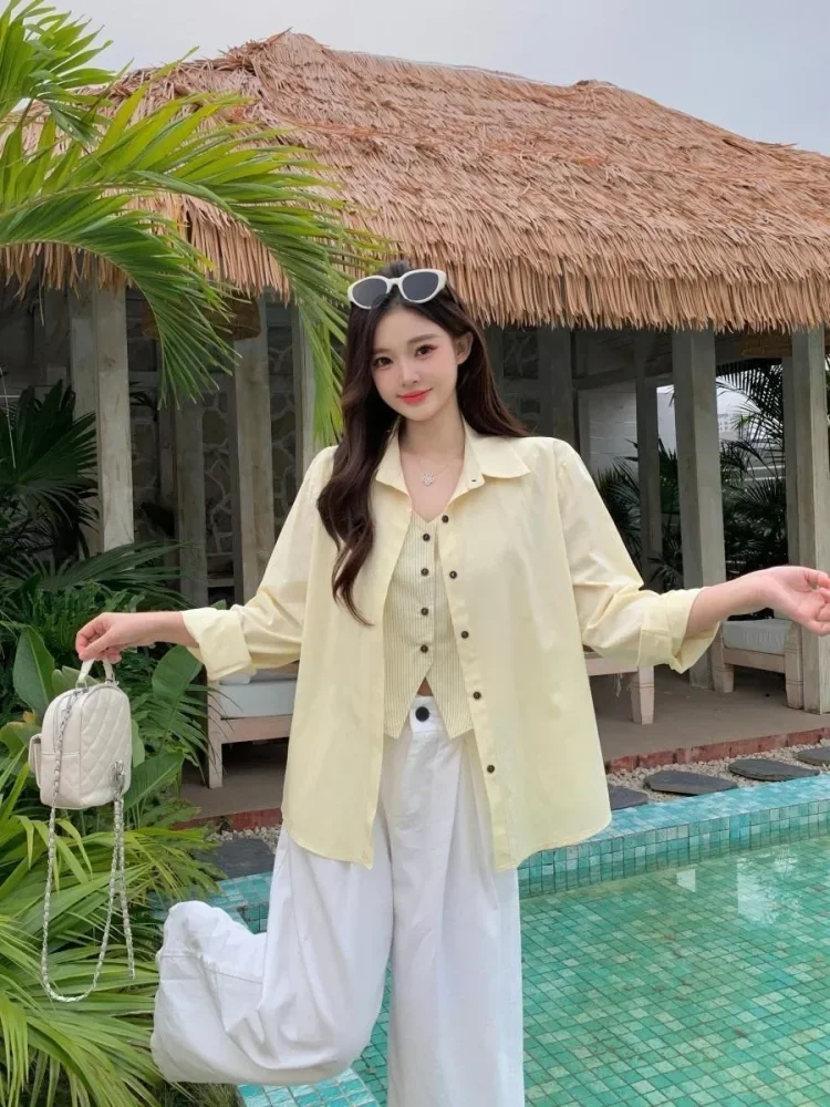CHICMORE Atasan wanita kemeja lengan panjang model longgar terbaru warna solid