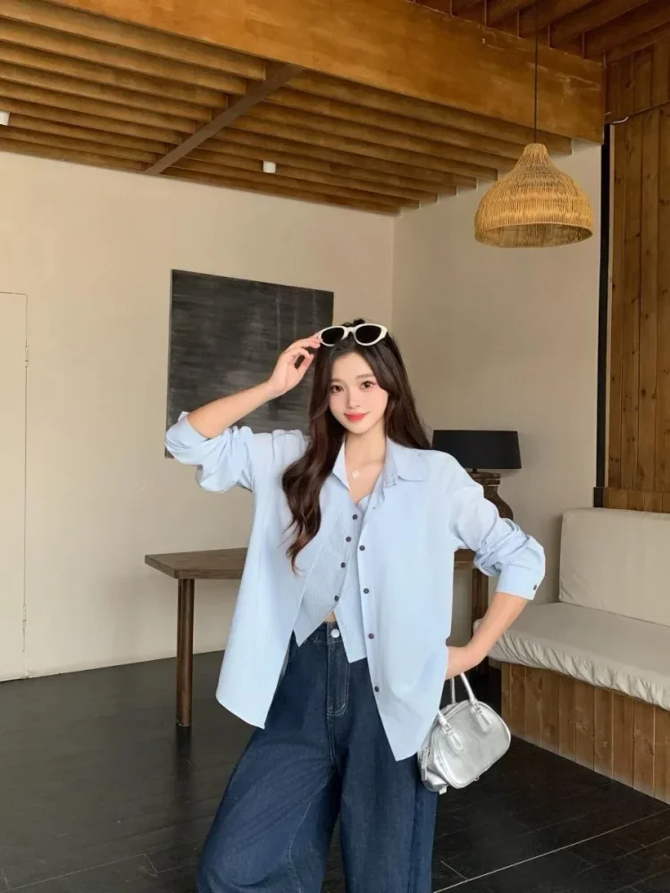 CHICMORE Atasan wanita kemeja lengan panjang model longgar terbaru warna solid