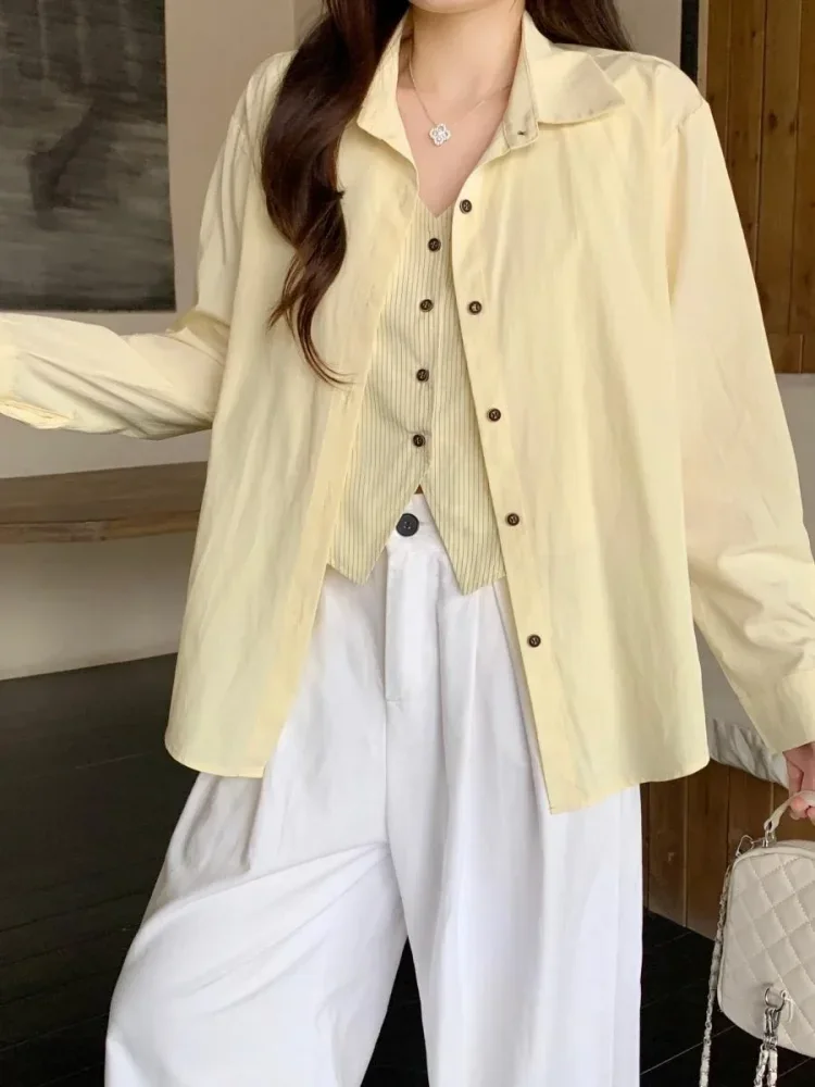 CHICMORE Atasan wanita kemeja lengan panjang model longgar terbaru warna solid