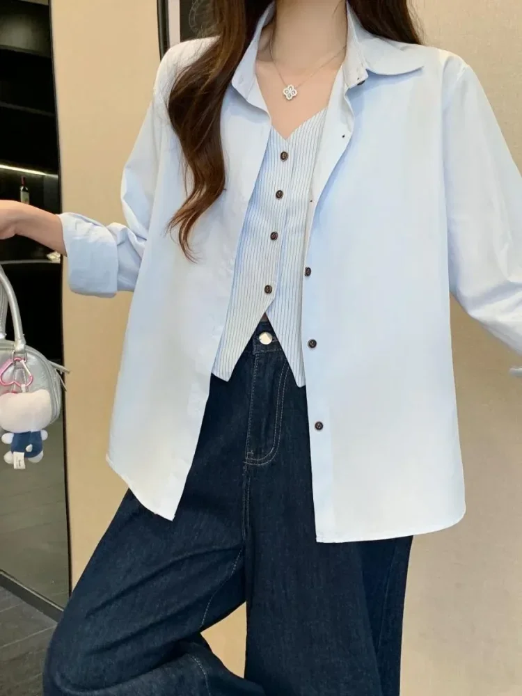 CHICMORE Atasan wanita kemeja lengan panjang model longgar terbaru warna solid
